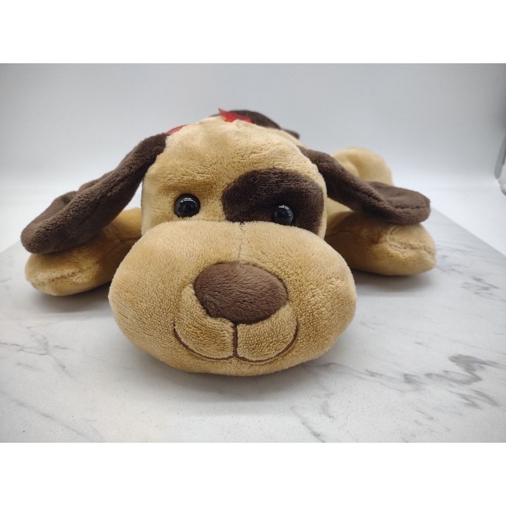 Plush Dog 16 Inch Stuffed Animal Floppy Brown Puppy Laying Down Soft Toy Red Bow